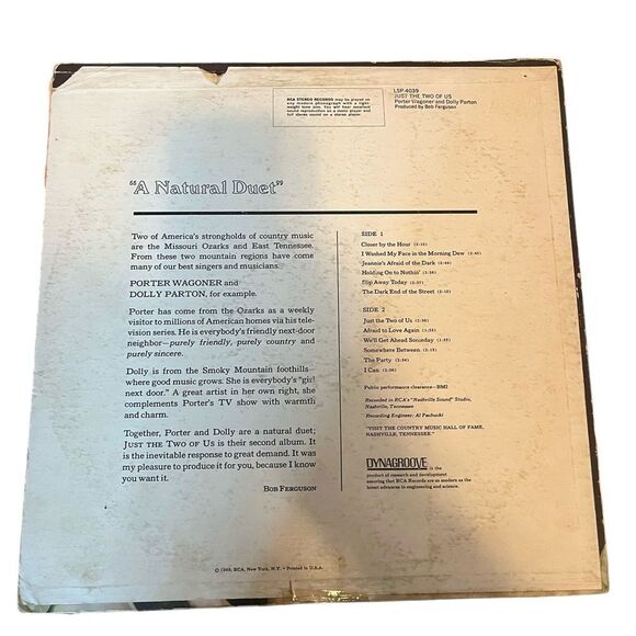 RARE PORTER WAGONER & DOLLY PARTON JUST THE TWO OF US LP 12” VINYL RECORD - Picture 4 of 5